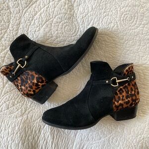 Lands' End 8B Black Suede Leopard Print Horsebit Buckle Ankle Bootie